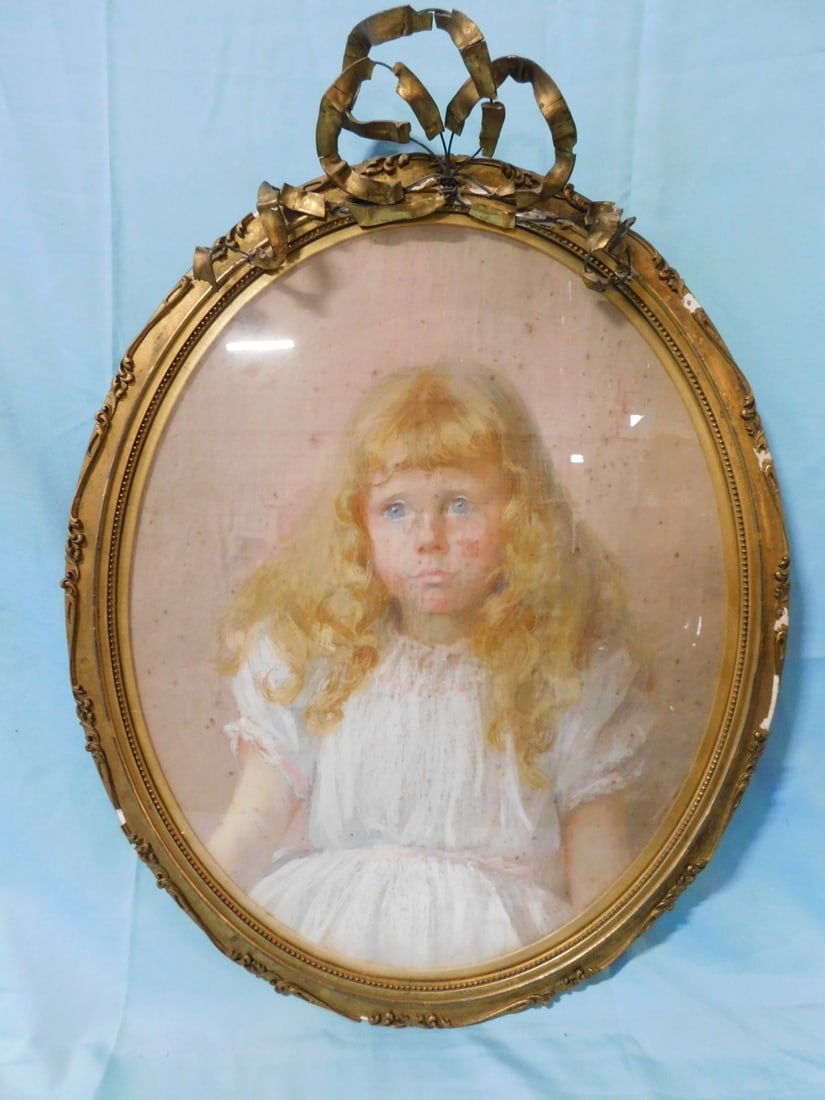 Pastel Portrait Young Girl: Pastel Portrait Young Girl, monogram signature upper left "LFE"?, pastel on paper of blond hair girl in white dress; carved and gilt oval frame with ribbon crest, 24 1/2" x 18', 19th / 20th C. CONDITI