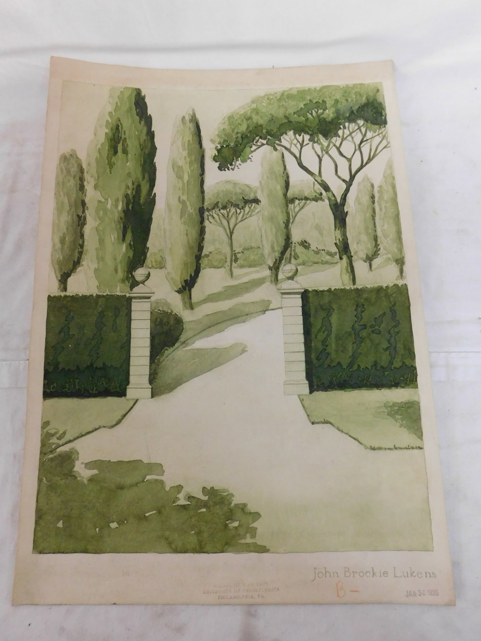 John Brockie Lukens, Garden Scene: John Brockie Lukens, Garden Scene, Pa d. 1994, signed, dated Jan 30, 1935, stamped "School of Fine Arts, University of Pennsylvania", water color on art paper, green garden landscape, unframed, 20" x 