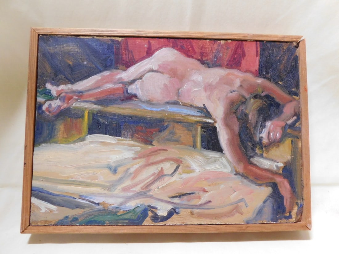 Wm Wendt - Reclining Nude: Wm Wendt - Reclining Nude, 20th C.Phila artist and illustrator, artist stamps on verso, oil on masonite panel, reclining nude viewed from the rear,wood frame,8 1/2" x 12". CONDITION: Very good.