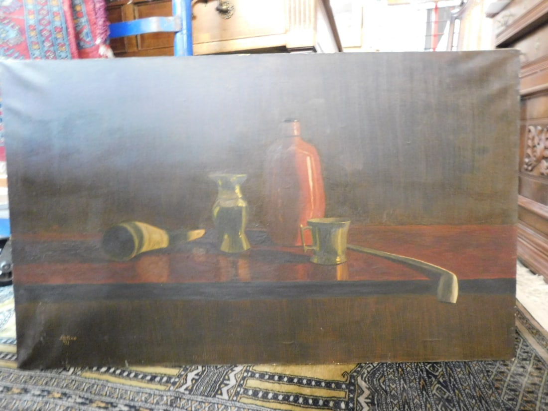 J(oseph) D. Sine - Still Life, horn, mug, etc: J(oseph) D. Sine - Still Life, 20th C. PA, signed lower left '71, oil on canvas, still life with horn, mug, bottle and pipe, 22" x 36". CONDITION: Very good. No frame.