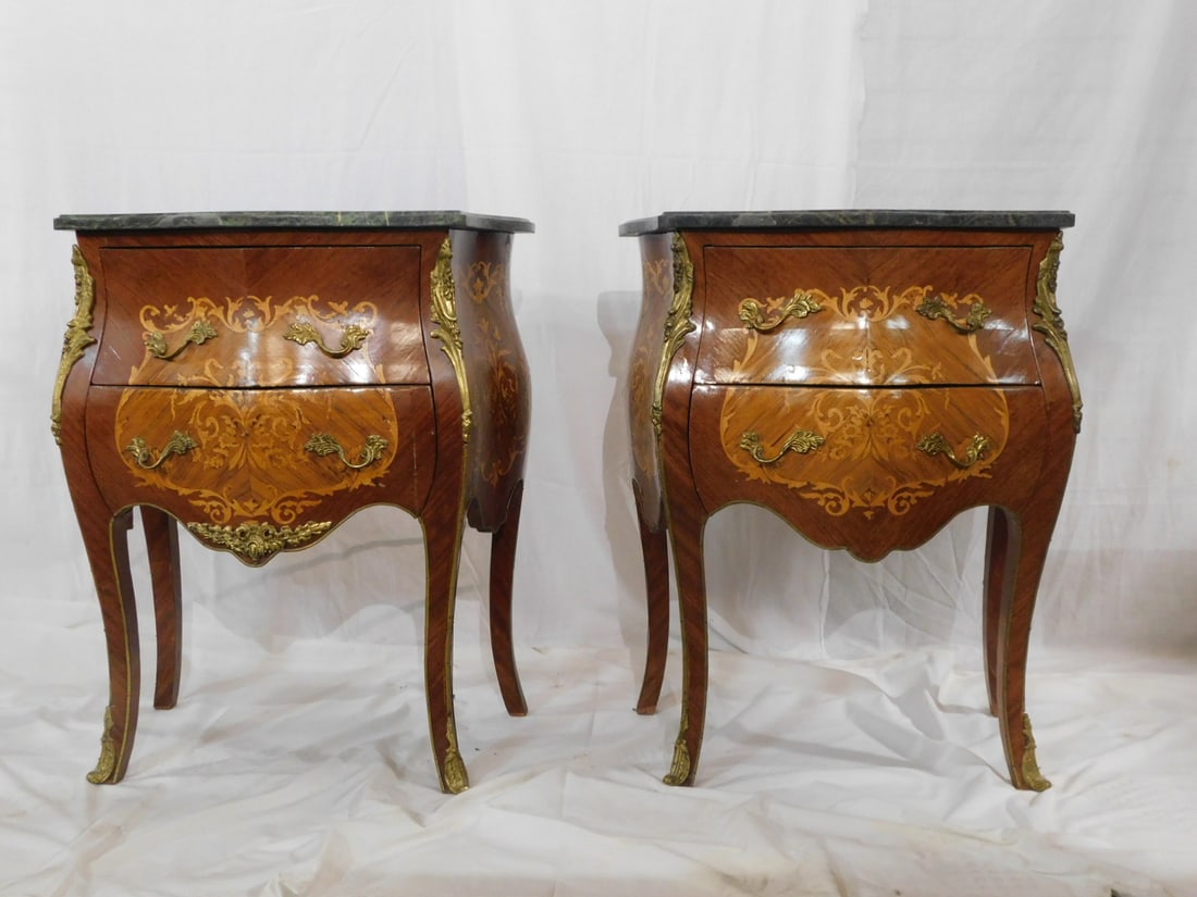 Pr Louis XV Style Commodes: Pair Louis XV Style Commodes , dark green veined marble tops, serpentine and Bombe floral and scroll marquetry case with two drawers and brass mounts, mid 20th C, 25 1/2" x 15" x 30 1/2". CONDITION: G