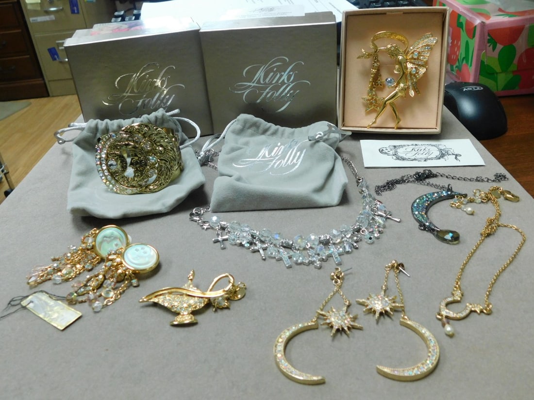 8 Lots Kirk's Folly Fantasy Jewelry: 8 Lots Kirk's Folly Fantasy Jewelry: moon phases cuff bracelet, crescent moon pendant necklace w/ tear drop crystal, cross pendant necklace, horseshoe pendant necklace, Aladdin's lamp pin w/moon & sta