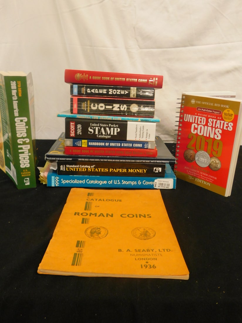 Coin & Stamp Research Books: Coin & Stamp Research Books 15 pcs, Scotts Catalogs, Rare Coin Magazines, Guide Books US Coins, Catalogue of Roman Coins, US Paper Money, etc. CONDITION: Good, used condition.