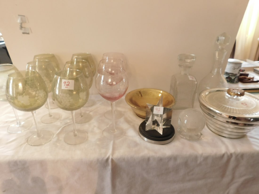 Crystal Goblets, Mercury Glass Pcs.: Crystal Goblets, Mercury Glass Pcs. decanters and wine glasses including: (10) colored etched glass 9" wine goblets and (2) Crystal and other lot, lead crystal decanters, 9" and 12 3/4" h. plus mercur