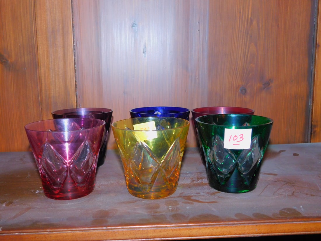 (6) lead crystal tumblers: (6) lead crystal tumblers, multi colored to clear, 3 1/2" h. Condition: excellent