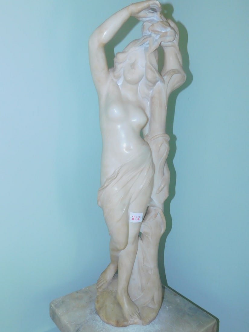 A. Cipriani marble sculpture: A. Cipriani marble sculpture, Italian 1880 - 1930, Art Nouveau style, woman standing along side a tree, 27 3/4", Condition: edge loss on 3 left toes and bottom platform, areas of small scratches and r