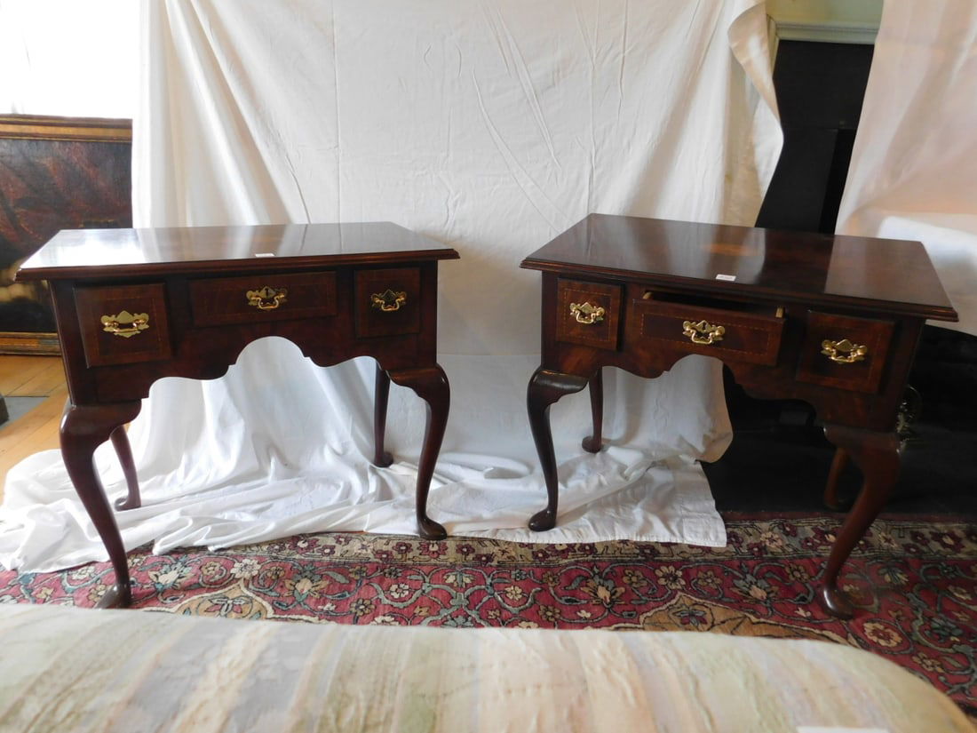 Pair Queen Anne style lowboys: Pair Queen Anne style lowboys by Councill Craftsman (Kindle), mahogany, band and rope inlays, cabriole legs, 17 1/2" x 30" x 27 1/2" each. Condition: very fine