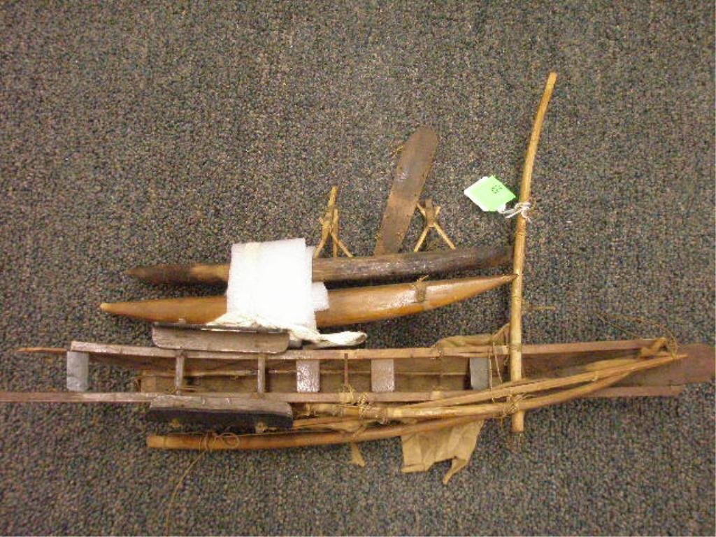 Vintage Polynesian Outrigger Canoe: Vintage wood Polynesian Outrigger canoe, early 20th c. 19 1/2"=max. length. [Provenance: From the collection of the former Commercial Museum, Philadelphia (later the Civic Center Museum)]. CONDITION: 