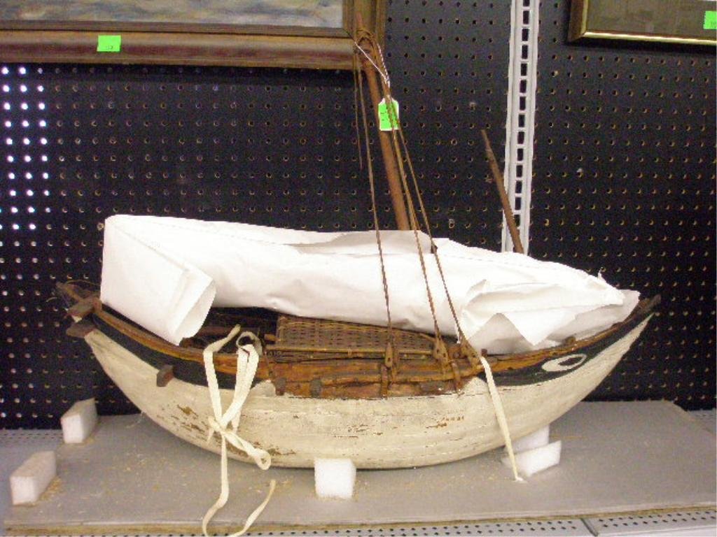 Oriental Fishing Boat: Vintage Oriental wood, polychrome, and rattan fishing boat with canopy, early 20th c. 33"=max. length. [Provenance: From the collection of the former Commercial Museum, Philadelphia (later the Civic C