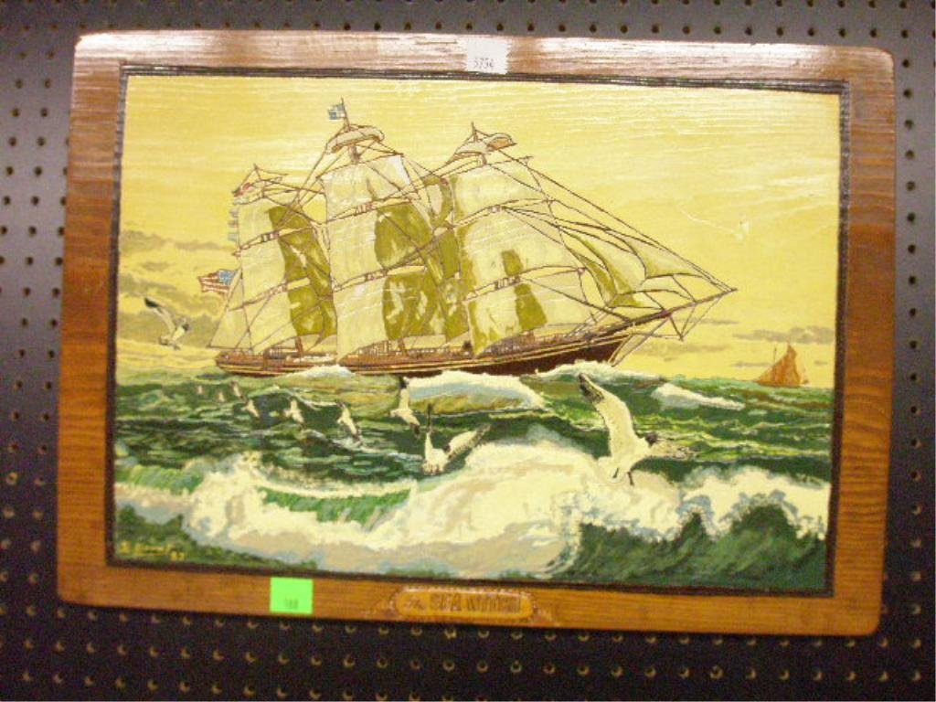 Downs, "Sea Witch" Painted Panel: E. Downs (19)87, signed and dated, carved and painted panel, "Sea Witch". 17"h x 24 1/4"w=panel. CONDITION: No issues identified.