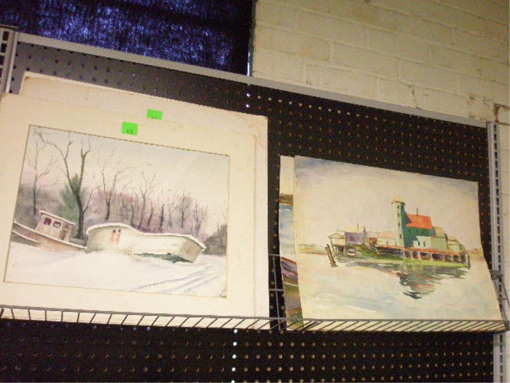 [4] Assorted Maritime Watercolors: [4] Assorted contemporary drydock and seascape-theme watercolors by artists Mary M Johnson and John A. Crowley, the one titled: "Abandoned Boats/ Clermont, NJ" [all unframed: two with mats] CONDITION: