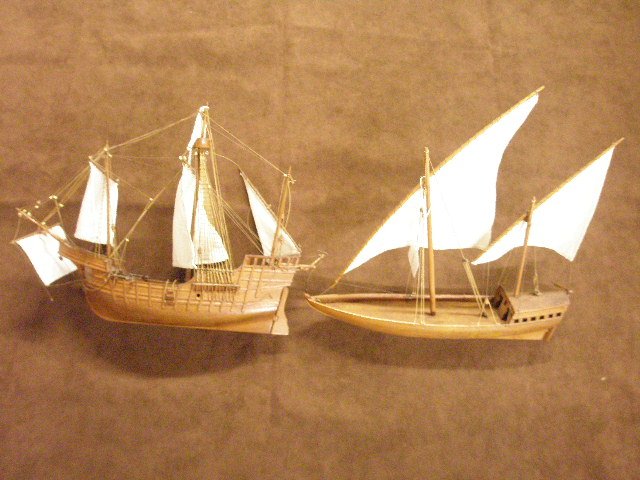 [2] Herbert Cross Wood Ship Models: [2] Herbert Cross wood ship models, the one the Santa Maria; the other an Arab dhow, early 20th c. 13"=length of the larger. Provenance: From the collection of the former Commercial Museum, Philadelph