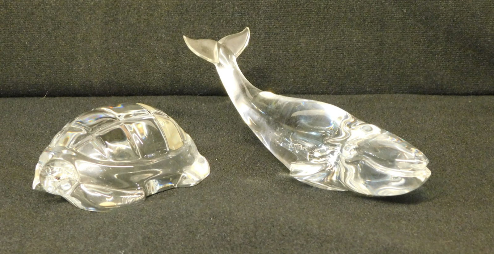 Baccarat Turtle & Whale: Baccarat Turtle and Whale, clear crystal, turtle 3 3/4" x 2 3/4" x 1 1/2", whale 6" x 2" x 2 1/2". CONDITION: Very fine.