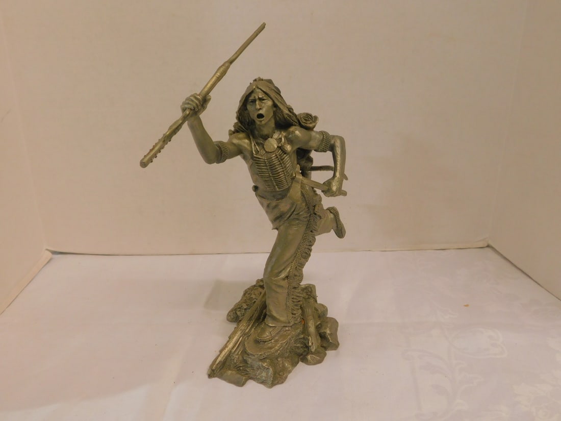 Jim Porter Pewter Indian Sculpture: Jim Porter Pewter Sculpture, "Cheyenne Brave", Franklin Mint, Ltd ed 1413 / 4500 with brochure and certificate of authenticity, 12"h, circa 1985. CONDITION: Excellent.