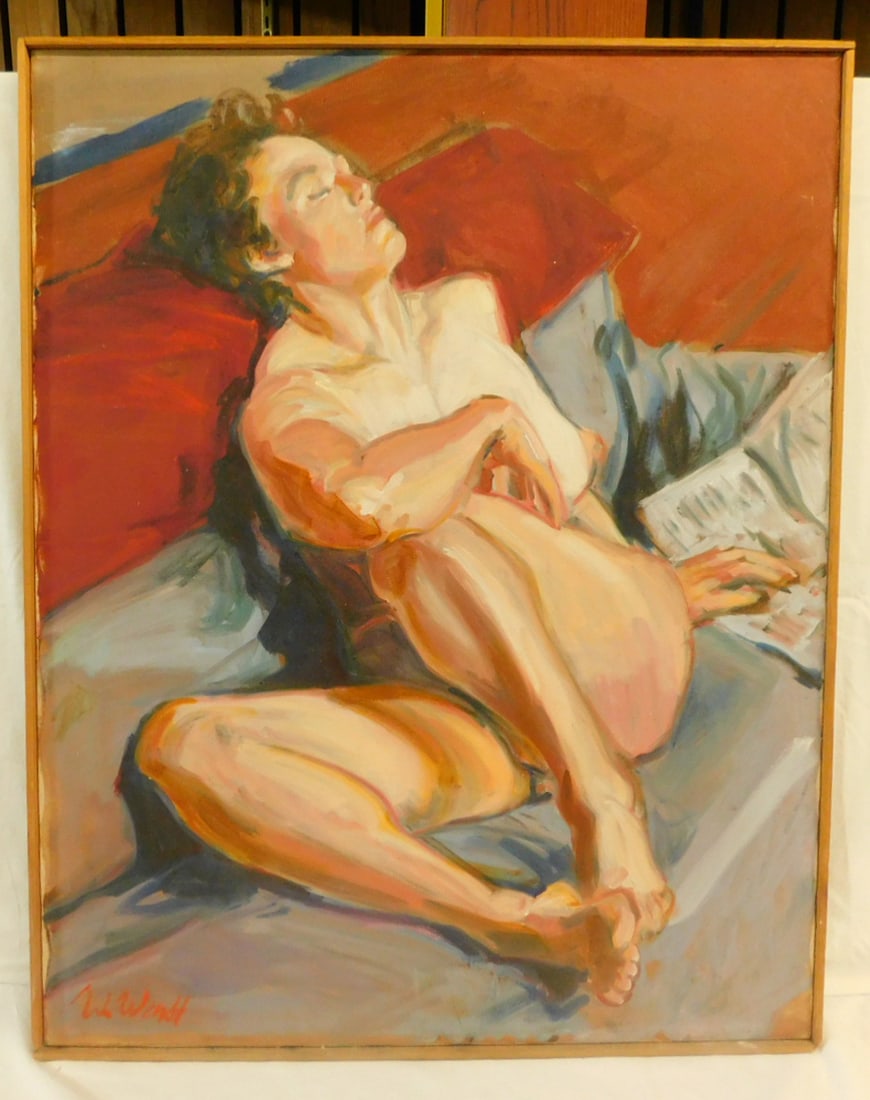 William Wendt - Female Nude: William Wendt - Female Nude, Phila. 20th C, signed, oil on canvas, female nude with newspaper, PA Academy of Fine Arts label on verso, wood strip frame, 31" x 24 1/2". CONDITION: Very fine.