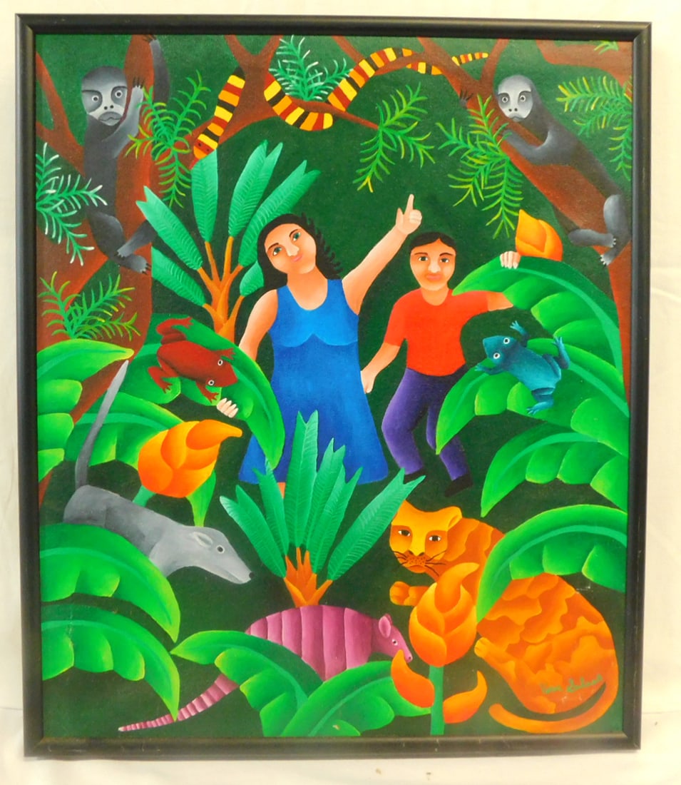 Viria Salasa Ptg Jungle Scene: Viria Salasa, 20th C, signed lower right, oil on canvas, titled on verso "Paseo por la Montaua", depicts boy and girl in jungle with various animals, black metal frame, 20 1/4" x 17 1/4". CONDITION: V
