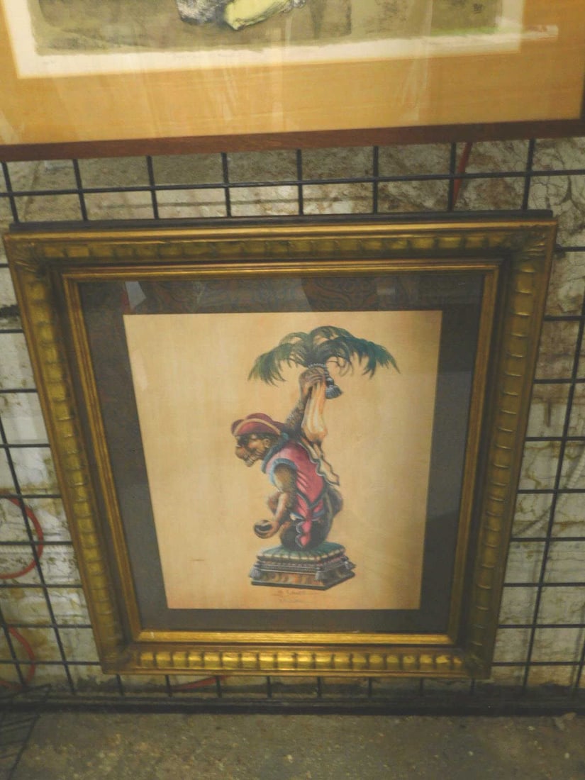 B(oby) Sikes - Monkey I: B(oby) Sikes - Monkey I, American, signed in silver marker, 1997, color lithograph monkey in pirate outfit, holding a ball; matted in elaborate carved and gilt frame, 29" x 25". CONDITION: Very fine. 