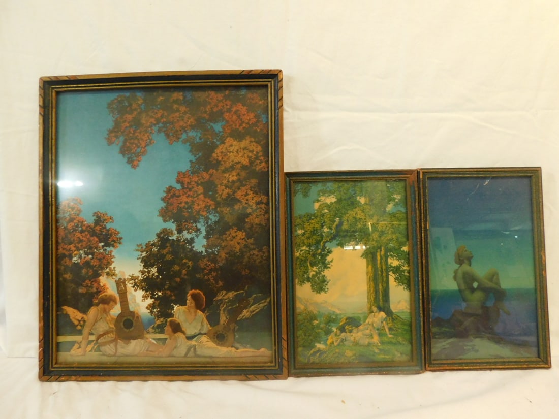 3 Maxfield Parrish Prints: Three Maxfield Parrish Prints, in vintage frames, includes: "Stars" 10 3/4" x 6 3/4", "Hilltop" 10 3/4" x 7" and Interlude 16 1/4" x 13 1/8". CONDITION: Very good. Some wear to frames.