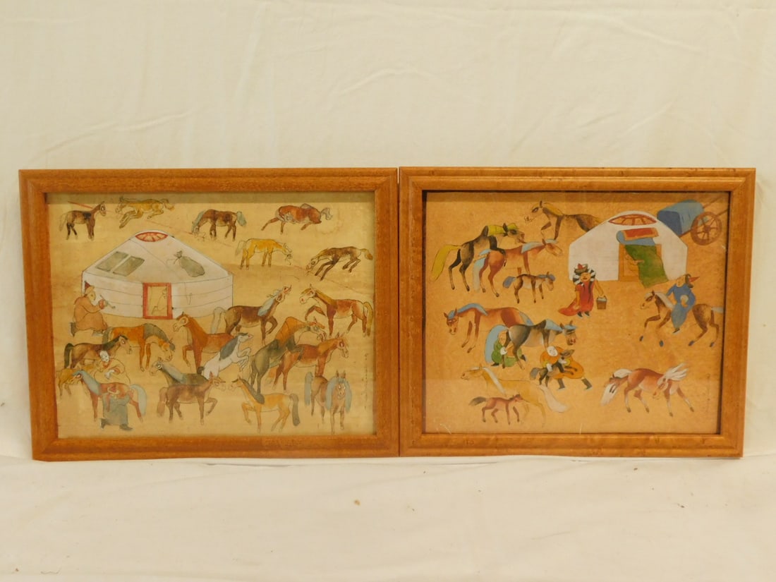 2 Mongolian Watercolors: Two Mongolian Watercolors, signed lower right, on paper, depicts horses, figures and huts, wood frames, 20th C, 8 3/4" x 11".l CONDITION: Very fine. Not examined out of frame.