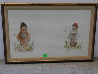 Edna Hibel Pastel/Litho: Edna Hibel Pastel/Litho, American 1917-2014, pencil signed, "Artists proof and pastels", full sheet of paper depicting 2 oriental children, in cloth in gilt wood frame. 20 1/2" x 31 1/2". CONDITION: V