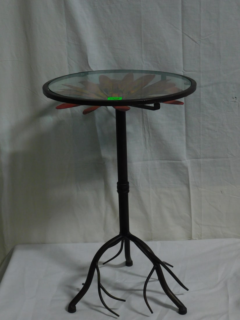 Studio Craft Tabouret: Studio Craft Tabouret, bronze finished metal root form base with painted pink flower sheet metal top covered by a glass top, 21st C, 23"h, 14 1/2 "d. CONDITION: Very good.