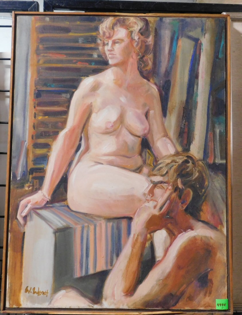 William Wendt - Nudes: William Wendt - Nudes, Phila 20th C, signed, oil on canvas, seated female nude with partial male figure4 at her knees; wood slat frame, 31" x 23". CONDITION: Very good.