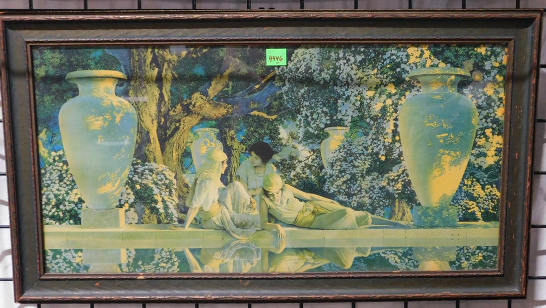 Maxfield Parrish Print: Maxfield Parrish Print "Garden of Allah" in original frame, 18 1/2" x 33 1/2". CONDITION: Areas of wear to frame, not examined out of frame.