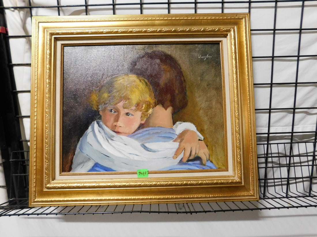 Ingeburg Wurzler, Mother & Child Ptg: Ingeburg Wurzler, Mother & Child, signed upper right, oil on canvas, "Safe in Mom's Arms", image 16" x 20" gilt wood frame, 27 1/2" x 24", labels on verso $600. CONDITION: Very fine,