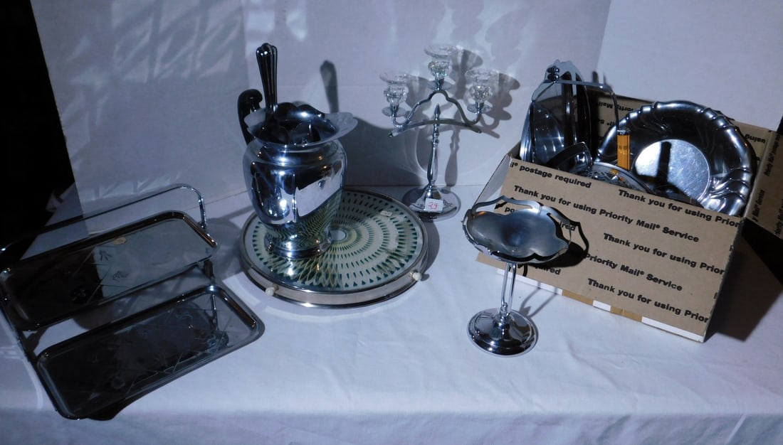 Chrome lot: Chrome lot, 1960's / 70's, Lazy susan with glass decorative top, chrome and glass 3 light candelabra, folding tid bit, compote, pitcher, bar accessories, bowl, tray, etc. Condition: good, used