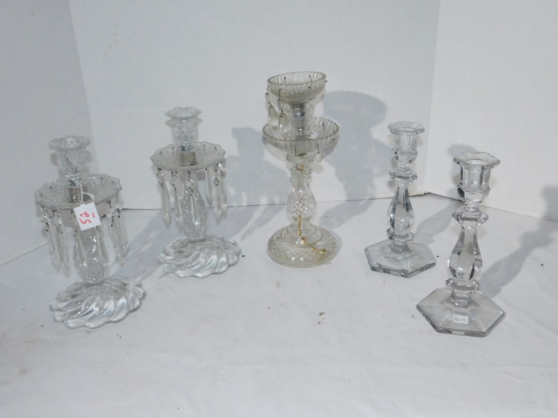 Hurricane and candle sticks: Hurricane and candle sticks. glass, pair molded crystal with prisms, 10", single cut glass 11 1/2" with prisms (some prisms may be missing), pair 9" candlesticks. Condition: good