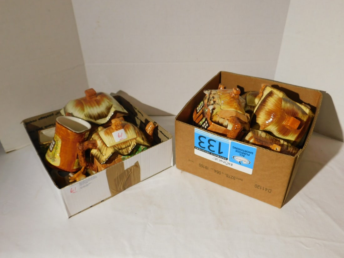 Occupied Japan cottage ware: Occupied Japan cottage ware, house form tableware, England and Germany, cookie jar, teapots and other. Condition: may have minor wear