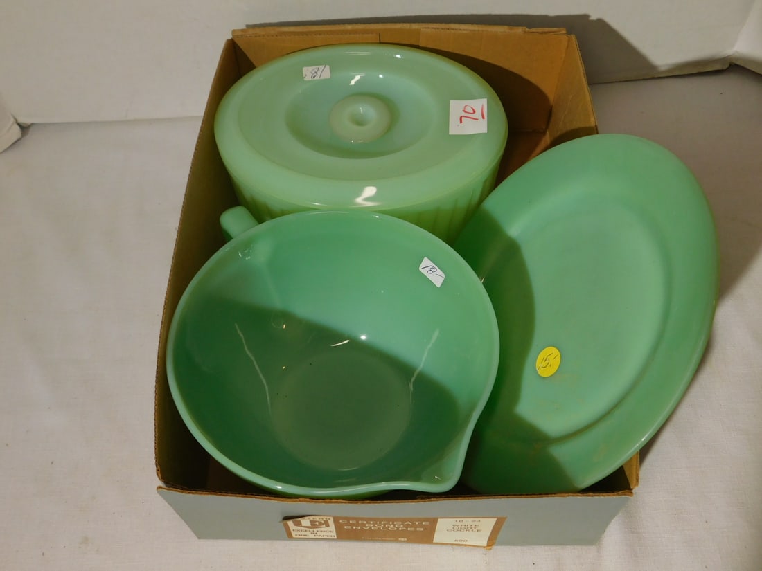 Jadeite kitchenware: Jadeite kitchenware, Fire King, handled mixing bowl, covered casserole, plate, plus 9 1/2" divided dish. Condition: good