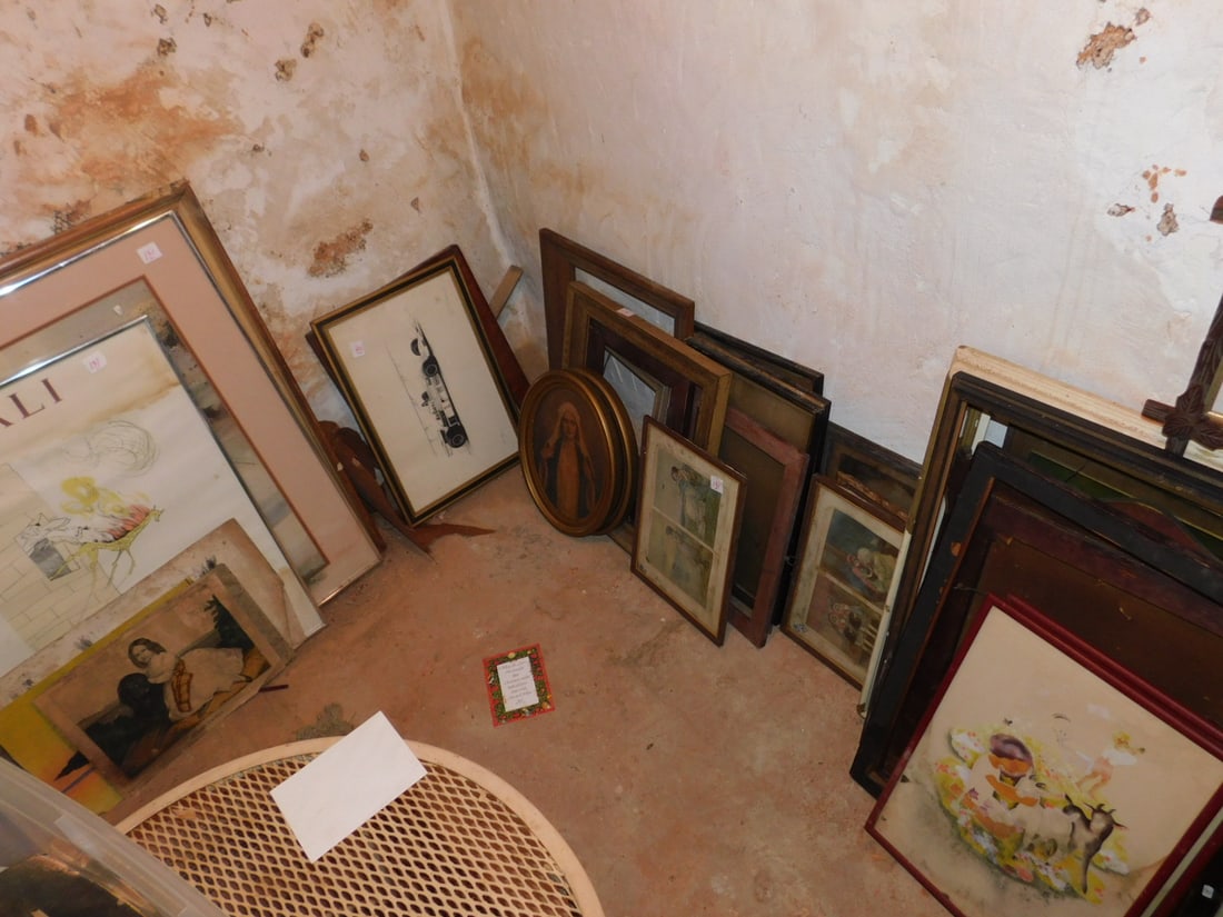 Assorted pictures and frames: Assorted pictures and frames including: framed Dali print and others, plus various size wood frames. Condition: Dali has water staining at top, Children's pictures have wear to site on both, some wear