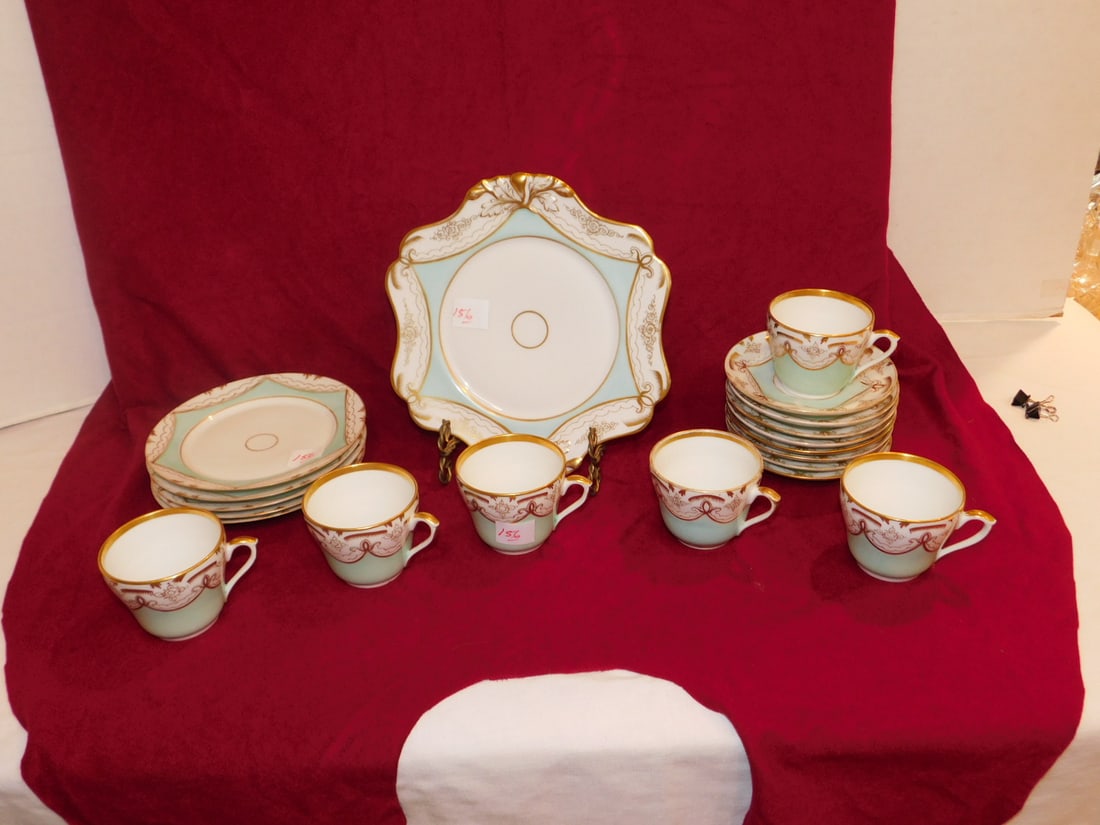 Antique Porcelain Dessert Set: Antique Dessert Set, aqua and gilt painted porcelain, includes: cake plate, five dessert plates, six ups and eight saucers, mid to late 19th C. CONDITION: Very good.