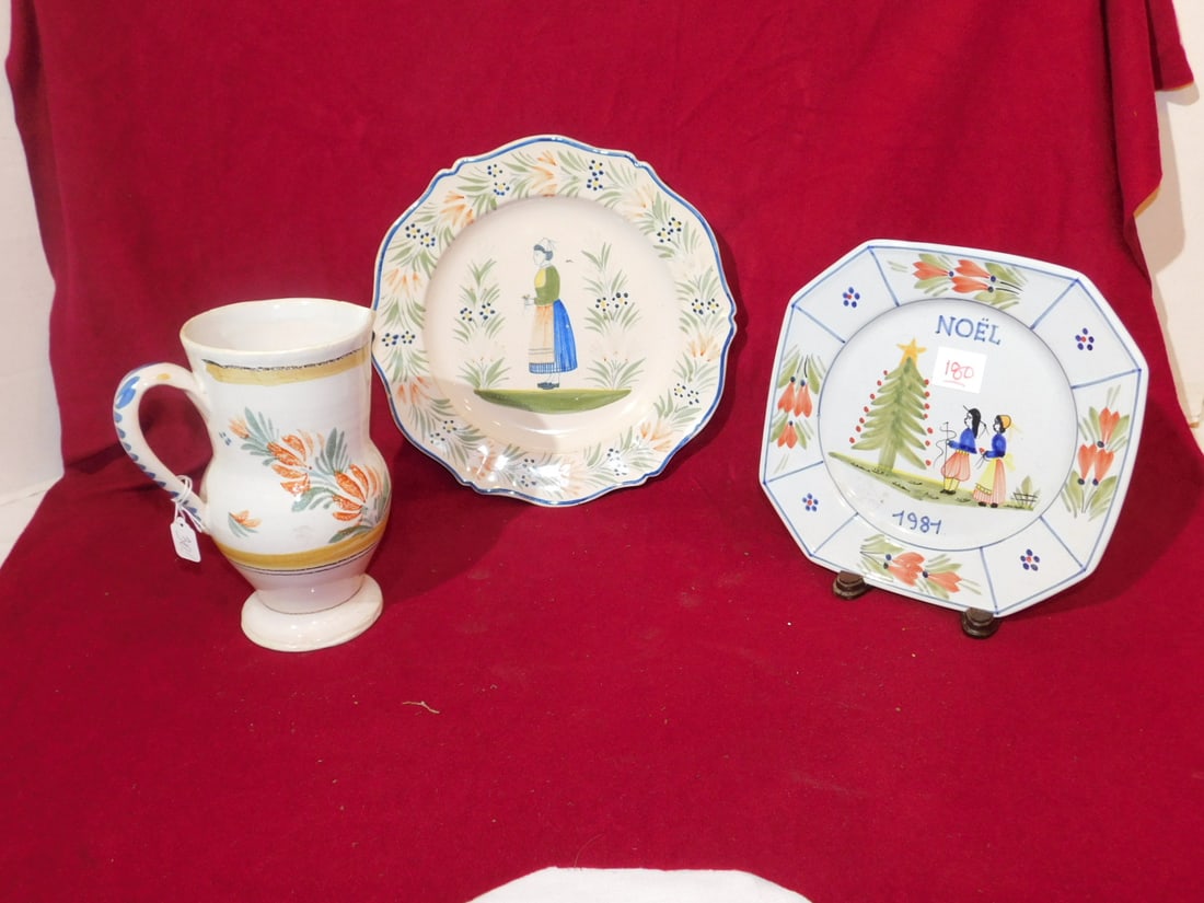 Quimper Group: Quimper Group, includes: unmarked early redware glazed 8" pitcher; signed 11"d plate; and a 1981 "Noel" Ltd ed plate 4433/9500, 9 1/8"d. CONDITION: Very good.