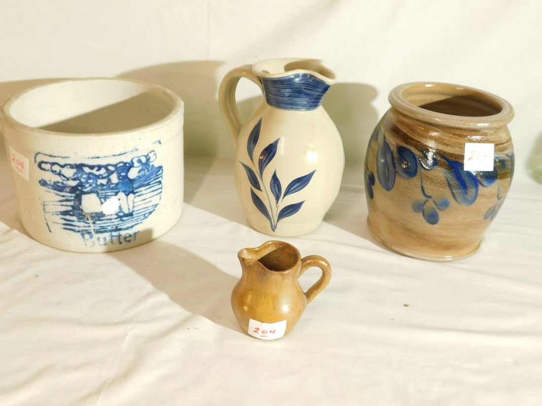 Stoneware Group: Stoneware Group, includes: cobalt figural painted "Butter" tub 7 1/4"d (no handle, paint spot); "Eldreth 199" cobalt glazed 6 1/2"h jar; unsigned 7 1/4" pitcher; and a "Douglas Adams 1991" 3" creamer.