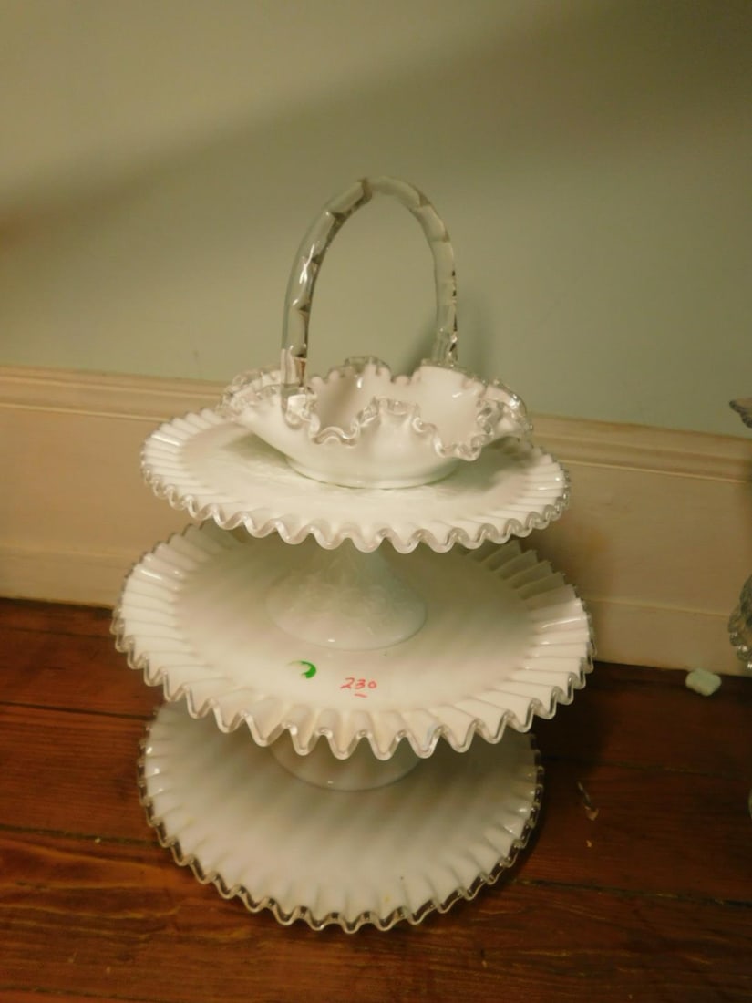 Fenton Silver Crest Pieces: Fenton Silver Crest Pieces, includes: three cake stands 10 1/2" and 12 1/2"d plus a basket. CONDITION: Very good.