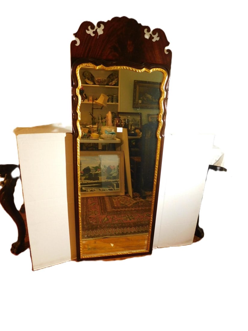 Queen Anne Style Mirror: Queen Anne Style Mirror, mahogany, arched scrolled crest, carved and gilt inner frame, 19th / 20th C, 21 3/4" x 60". CONDITION: Very fine.