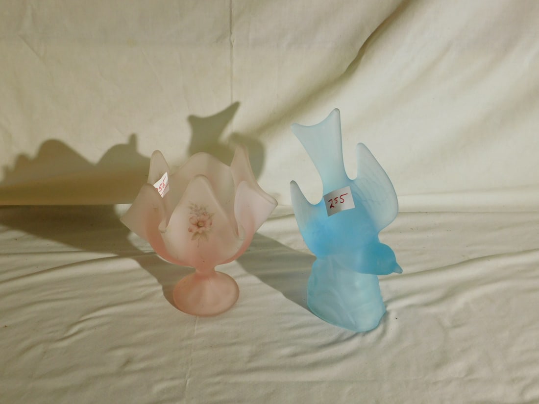 3 Satin Glass Pieces: Three Satin Glass Pieces, includes: L.E. Smith blue frosted glass bird 8 1/2"h and a Viking pink frosted glass, footed handkerchief bowl with floral designs, 7 1/2"h. CONDITION: Very good.