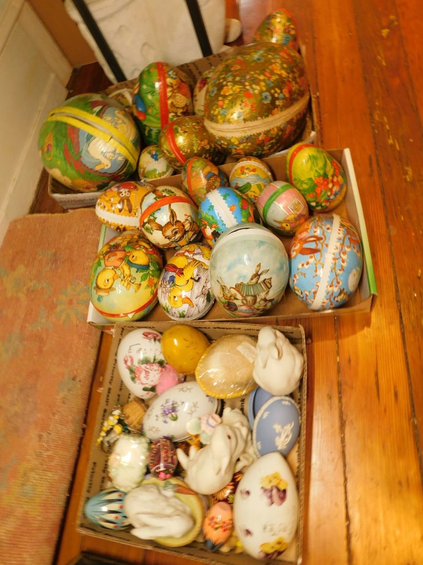 Easter Collectibles: Easter Collectibles, includes: twenty-six vintage German and other paper mache eggs from 3" to 11 1/2"l, plus Wedgwood egg box, painted antique milk glass eggs, painted wood eggs, two Cybis and other