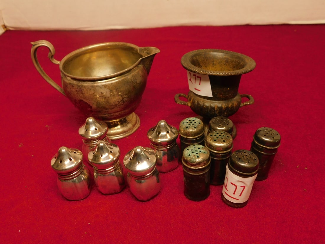 Sterling S & P Creamer etc.: Sterling S & P Creamer etc., includes: five 2"h salt and peppers, International; Barkley creamer, Fisher 2 7/8"h cigarette urn, 4.68 ozts TW and six cylindrical salt and pepper - unmarked possibly ste