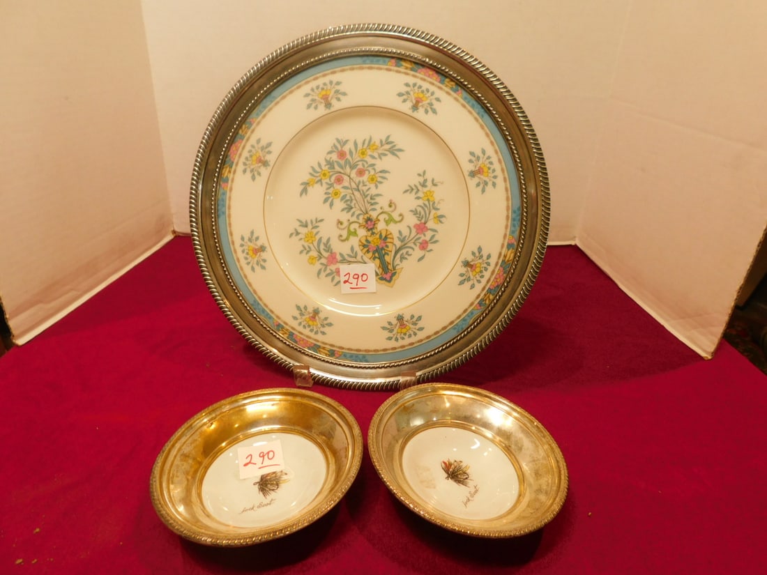 3 Sterling & Porcelain Plates: Sterling and Porcelain Plates, includes: Lenox - Blue Tree porcelain plate with gadrooned sterling silver rim, 12 1/4"d, and two Delano Studios porcelain "fish fly" by Jack Scot with Buckingham sterli