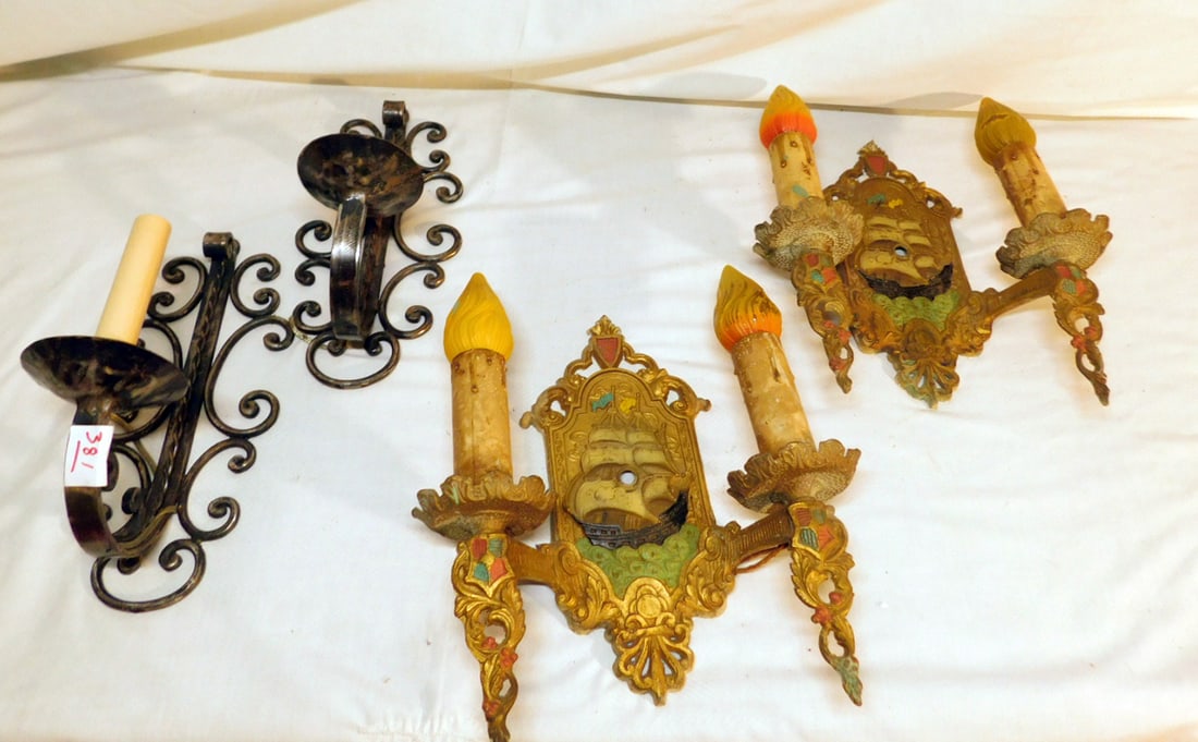 2 Pr Wall Sconces: Two Pair Wall Sconces, includes: a pair of polychromed spelter metal two light with cast ship in the ocean back panel, c 1930s, 12" x 10 1/2" x 4", plus a pair of wrought iron scroll and rope design s