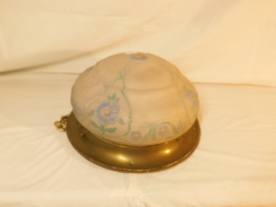 Art Deco Chandelier: Art Deco Chandelier, blue floral molded frosted glass dome supported by a gadroon edge brass frame and chains, three interior lights, 16"d, 7 1/2"h, early 20th C. CONDITION: Very good. Tarnished.