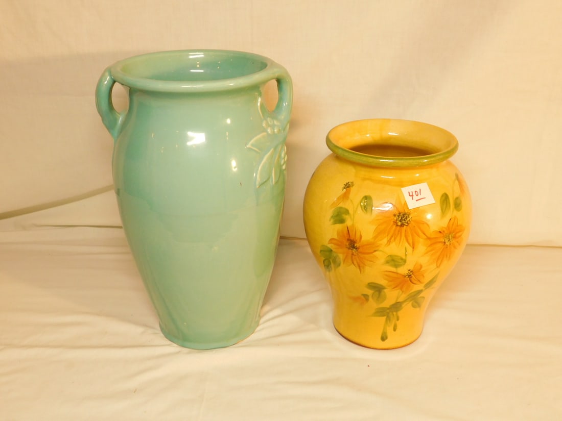 2 Pottery Vases: Two Pottery Vases, includes; floral painted and glazed 10 1/2" Redware vase and "USA" green glazed stoneware 14", garden vase. CONDITION: Very good.