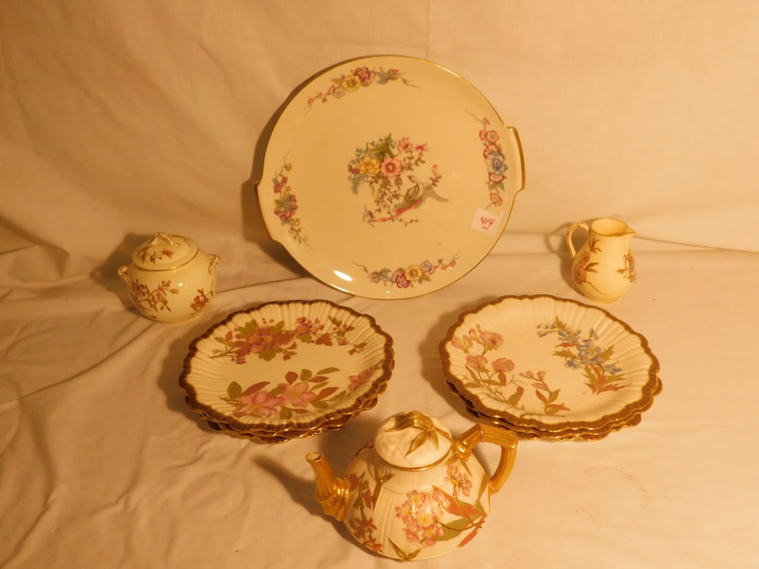 Royal Worcester Group: Royal Worcester Group, includes: six floral and gilt painted 8 1/4" plates, floral bush painted sugar and covered creamer, a gilt and floral planted teapot 7"l, with repaired lid, and a Rosenthal 11 1