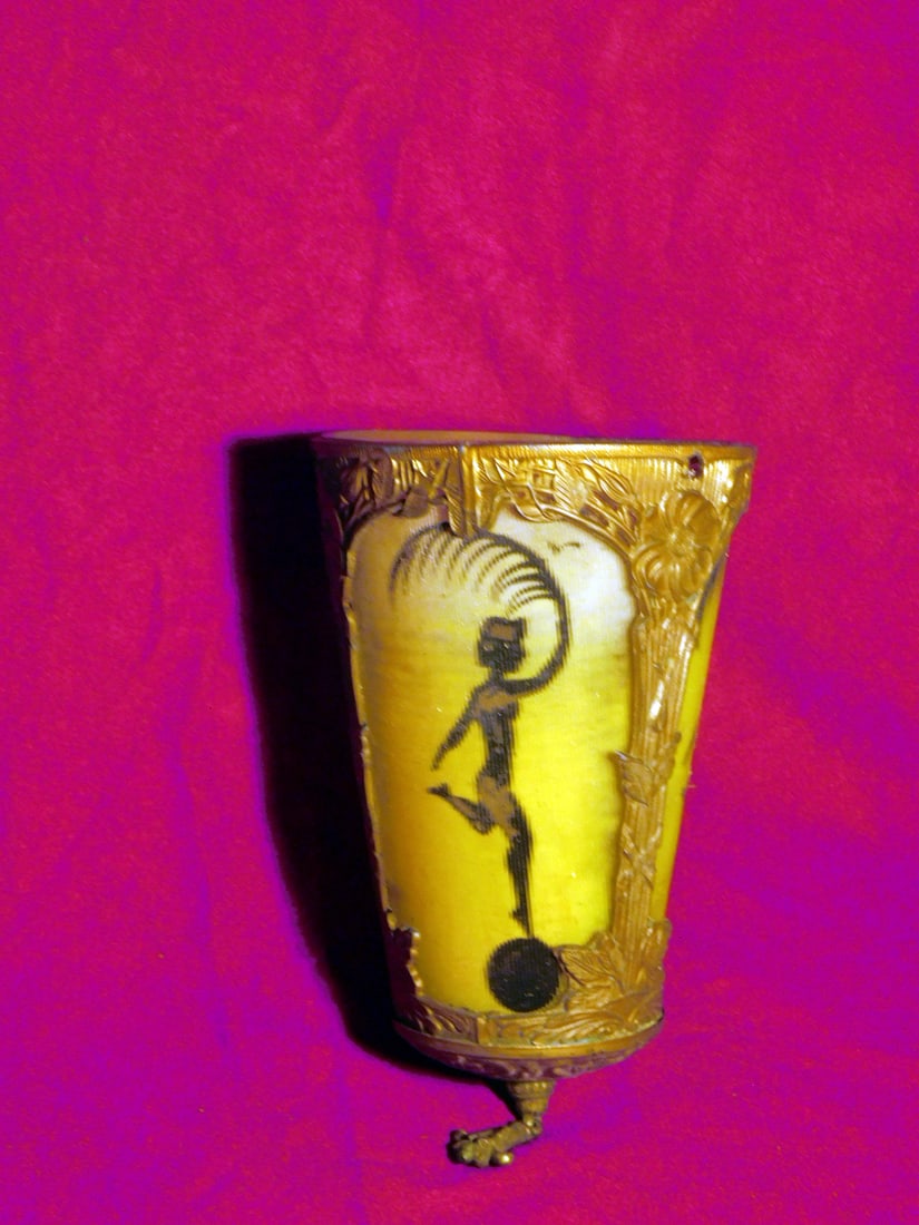 Deco Hall Chandelier: Deco Hall Chandelier floral cast gilt spelter metal lantern form frame with bent ribbed and painted glass panels of female nudes, early 20th c. H 10". CONDITION: Missing supporting chains, finish wear