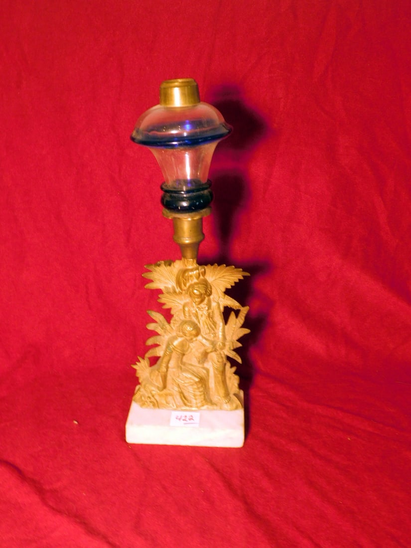 Victorian Girandole: Victorian Girandole gilt bronze cast young couple candle holder on white marble base; fitted with a cobalt and clear glass font, 19th, H 14 3/4". CONDITION: Tarnished, font missing wick mechanism.