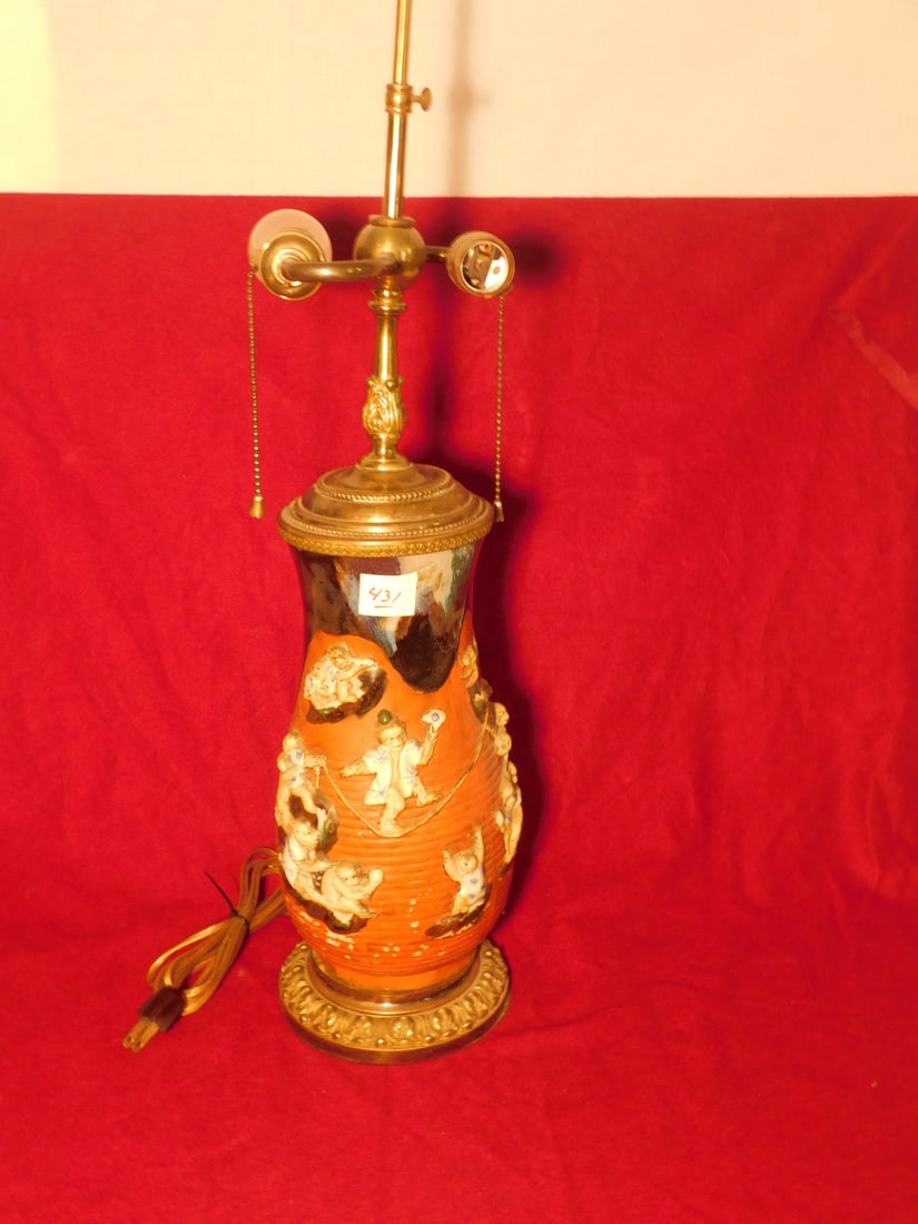Japanese Sumida Gawa Lamp: Japanese Sumida Gawa Lamp pottery, 19th c. Meiji period, features raised work polychromed and glazed body with frolicking monkeys, brass fitting, electrified, vase hgt 12", overall hgt 24". CONDITION: