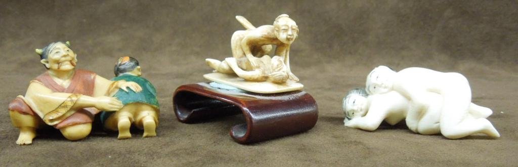 Three Chinese Erotic Carvings: Three Chinese erotic carvings, includes a polychromed & signed netsuke of a man spanking a woman, & 2 embracing couples, 20th c. from 1 1/2" to 1 3/4" length. [12] NO INTERNATIONAL or CALIFORNIA SHIPP